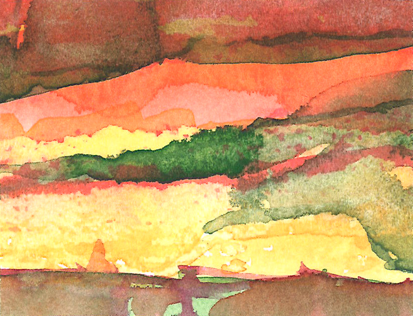 Painting 1 (again): An abstract watercolour painting with bright yellows, green and oranges.