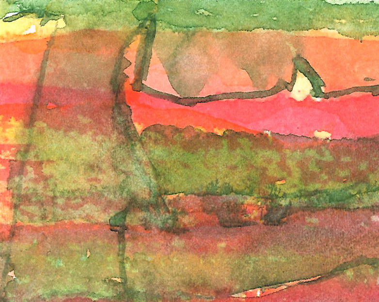 Painting 3 (again): An abstract watercolour painting with layers of green and red, and some dark green lines.