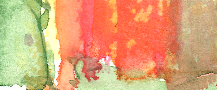 Painting 5: An abstract watercolour painting with green on the left, red in the middle and brown on the right